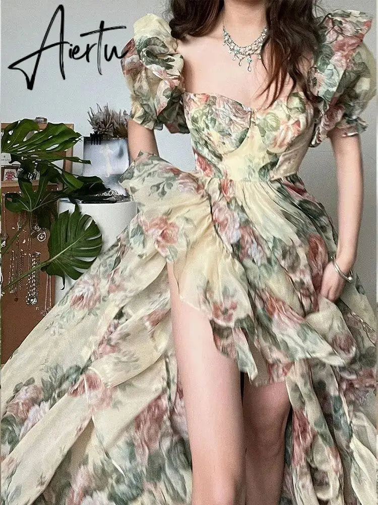 Summer Elegant Evening Party Dress Short Puff Sleeve Khaki Print Organza Women Floor-Length Overlength Princess Long Dress Aiertu