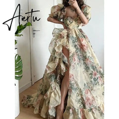 Summer Elegant Evening Party Dress Short Puff Sleeve Khaki Print Organza Women Floor-Length Overlength Princess Long Dress Aiertu