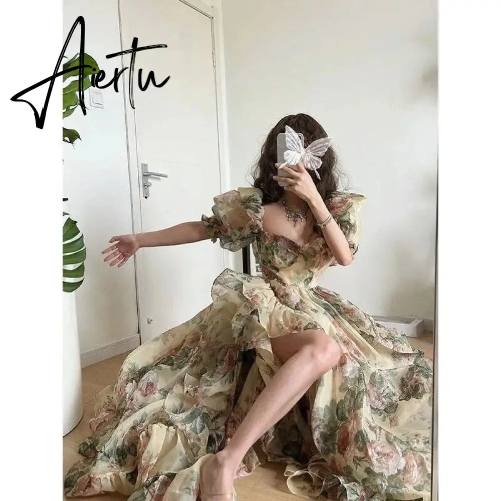 Summer Elegant Evening Party Dress Short Puff Sleeve Khaki Print Organza Women Floor-Length Overlength Princess Long Dress Aiertu