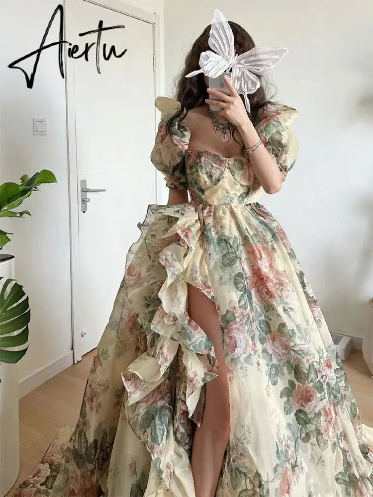 Summer Elegant Evening Party Dress Short Puff Sleeve Khaki Print Organza Women Floor-Length Overlength Princess Long Dress Aiertu