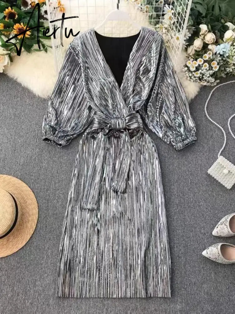 Summer Elegant Fashion Retro Court Style Dress Women's Dress New Style Temperament V-neck Lace Up Waist Dress Robe Argent Aiertu