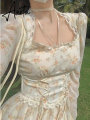 Summer Elegant Y2k Midi Dress Women Casual Lace One Piece Dress Korean Sweet Vintage Floral Dress Party Female Long Sleeve Aiertu