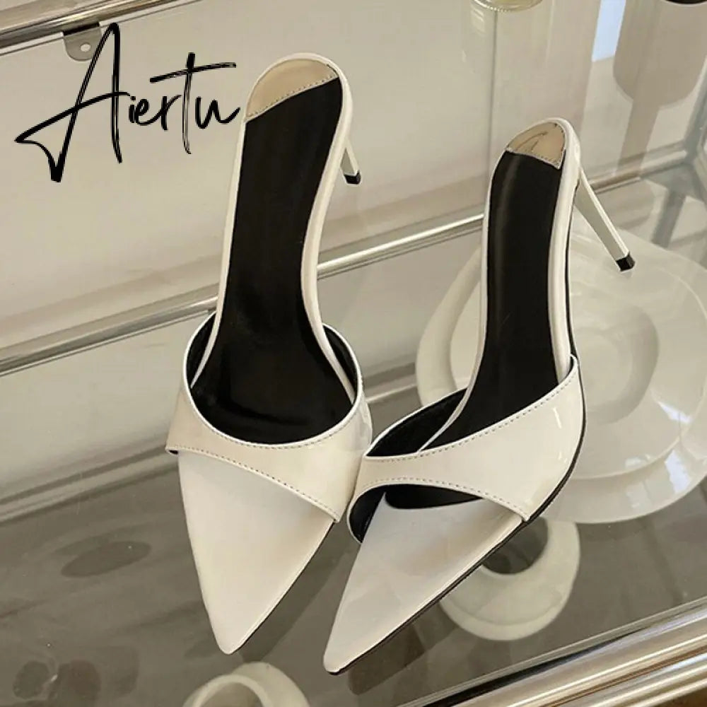Summer Fashion Low Thin Heels Women Slippers Gladiator Sandals Cozy Patent Leather Pointed Toe Slip-On Slides Shoes Mules Aiertu