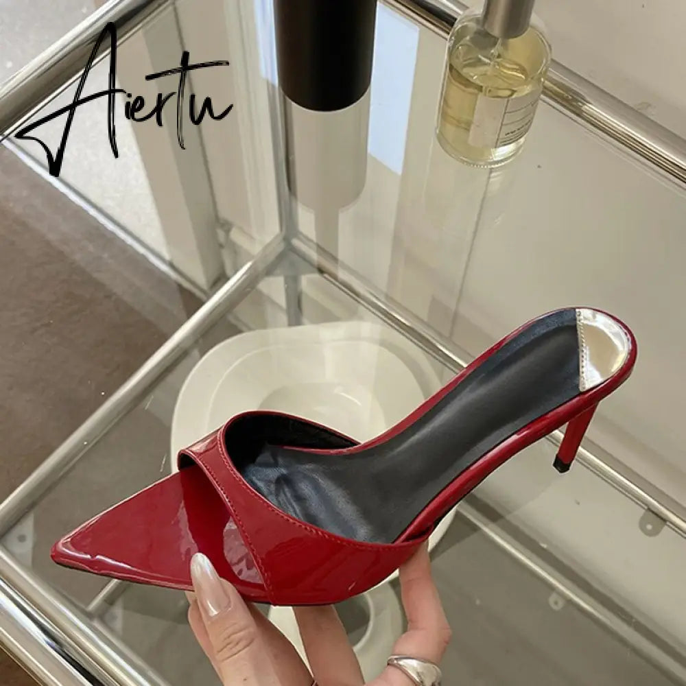 Summer Fashion Low Thin Heels Women Slippers Gladiator Sandals Cozy Patent Leather Pointed Toe Slip-On Slides Shoes Mules Aiertu