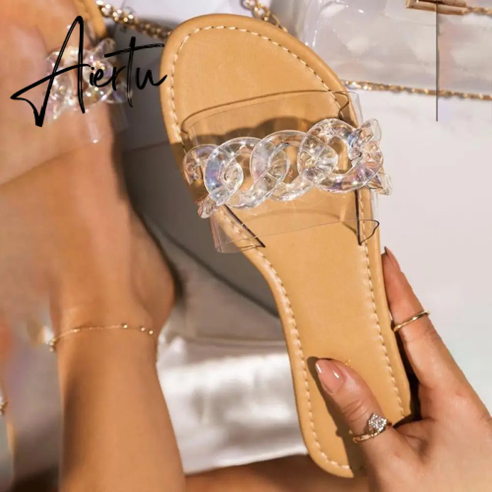 Summer Fashion Womens Roman Style Slippers Transparent Chain Decoration Flat Outdoor Womens Sandals Light Beach Slippers Aiertu