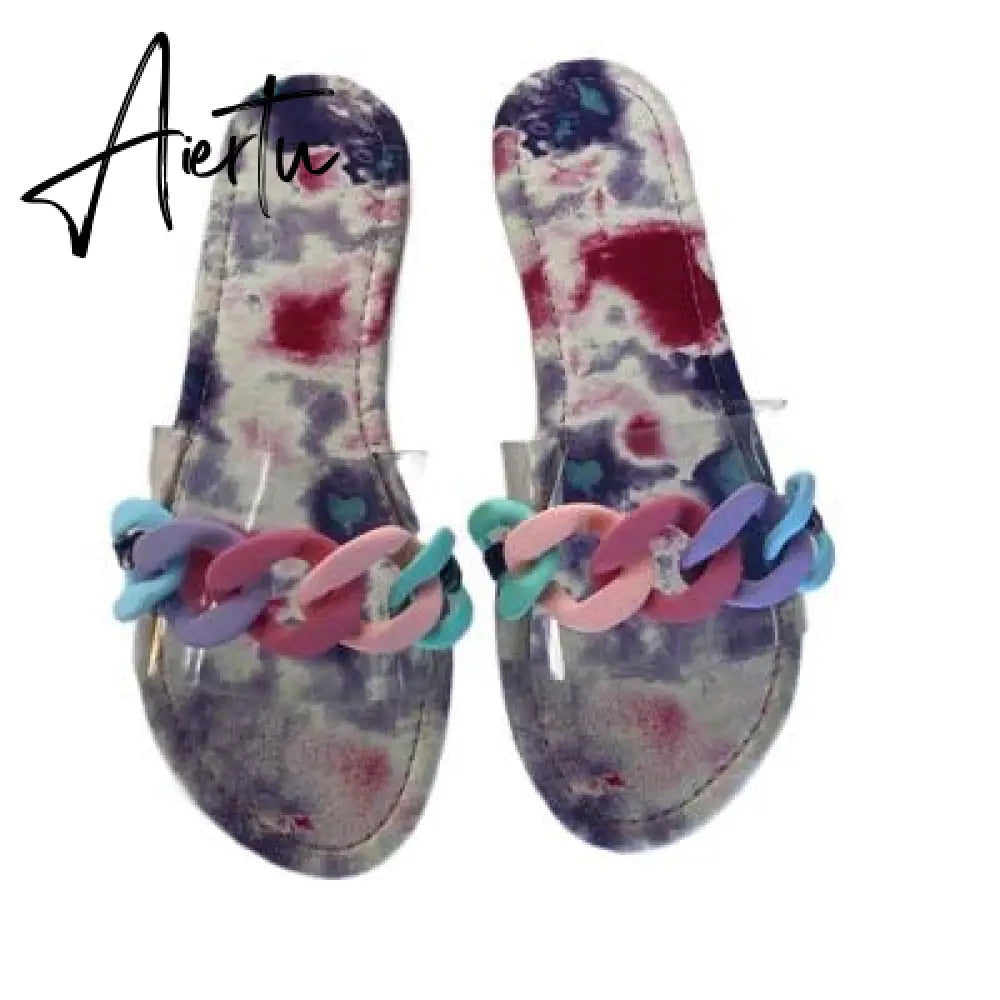Summer Fashion Womens Roman Style Slippers Transparent Chain Decoration Flat Outdoor Womens Sandals Light Beach Slippers Aiertu