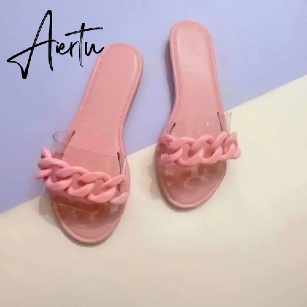Summer Fashion Womens Roman Style Slippers Transparent Chain Decoration Flat Outdoor Womens Sandals Light Beach Slippers Aiertu