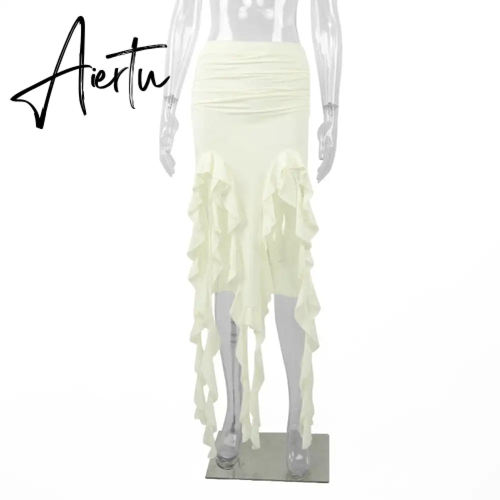 Summer Female Long Skirt Ruffled High Waist Broken High Split Fashion Pleated Sexy Solid Patchwork Maxi Skirt Aiertu