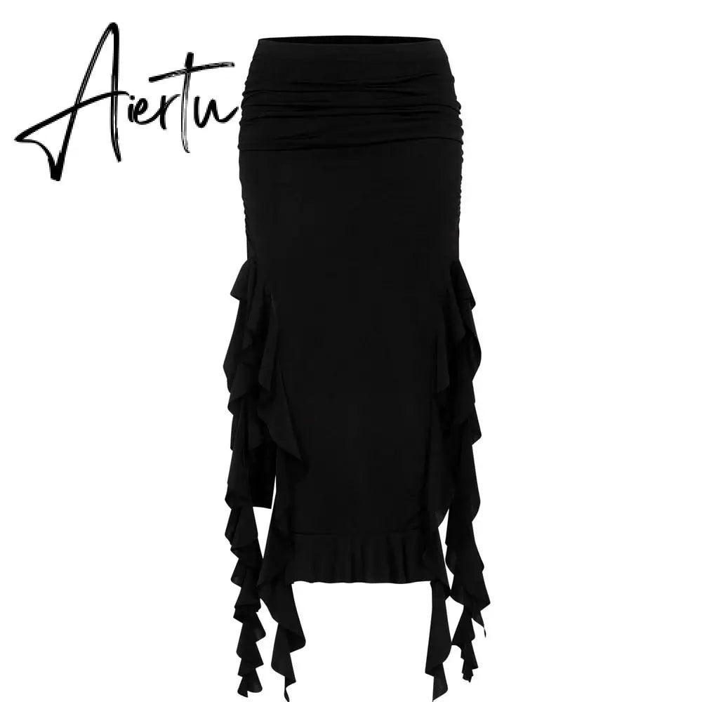 Summer Female Long Skirt Ruffled High Waist Broken High Split Fashion Pleated Sexy Solid Patchwork Maxi Skirt Aiertu