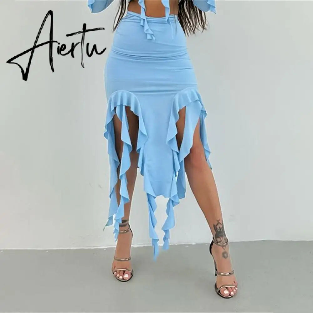 Summer Female Long Skirt Ruffled High Waist Broken High Split Fashion Pleated Sexy Solid Patchwork Maxi Skirt Aiertu