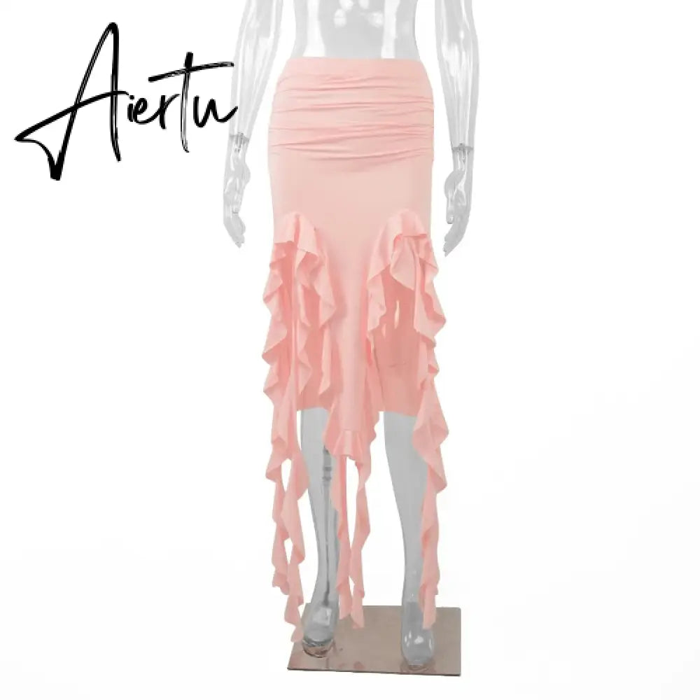 Summer Female Long Skirt Ruffled High Waist Broken High Split Fashion Pleated Sexy Solid Patchwork Maxi Skirt Aiertu