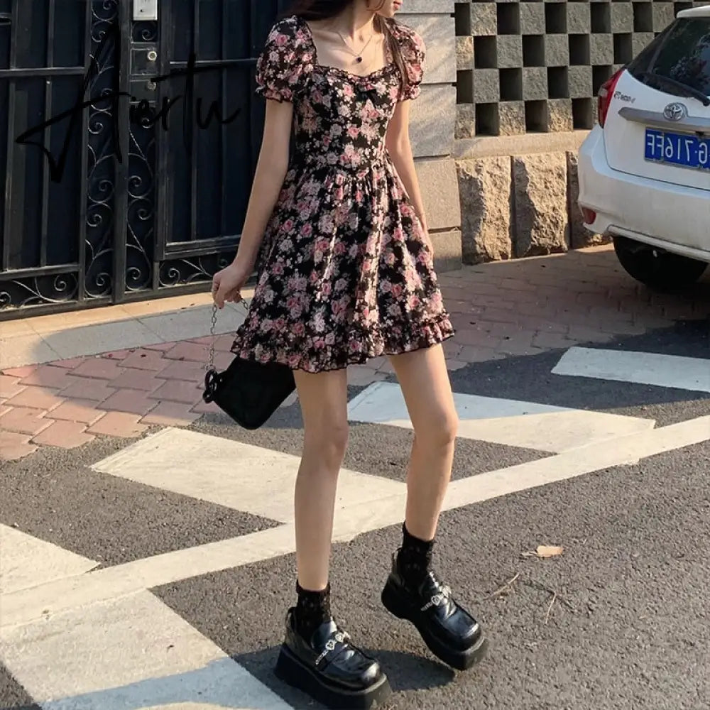 Summer Floral Dress Mini Women  Puff Sleeve Dress Vintage Rose French Square Collar Chiffon A-line Short Sleeve Femme Clothes Aiertu