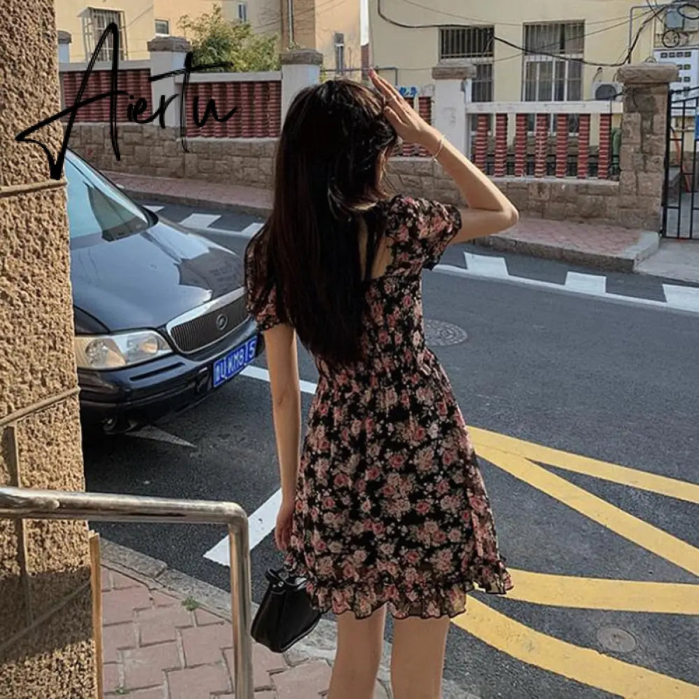 Summer Floral Dress Mini Women  Puff Sleeve Dress Vintage Rose French Square Collar Chiffon A-line Short Sleeve Femme Clothes Aiertu