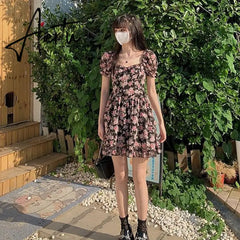 Summer Floral Dress Mini Women  Puff Sleeve Dress Vintage Rose French Square Collar Chiffon A-line Short Sleeve Femme Clothes Aiertu