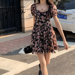 Summer Floral Dress Mini Women  Puff Sleeve Dress Vintage Rose French Square Collar Chiffon A-line Short Sleeve Femme Clothes Aiertu