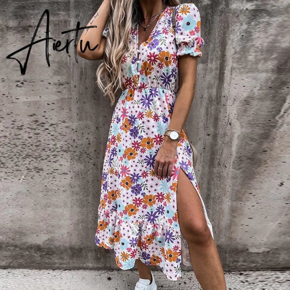Summer Floral Print Dress Women V Neck Side Split Dress Long Robe Female Elegant Boho Short Sleeve Slim Party Dresses Vestidos Aiertu