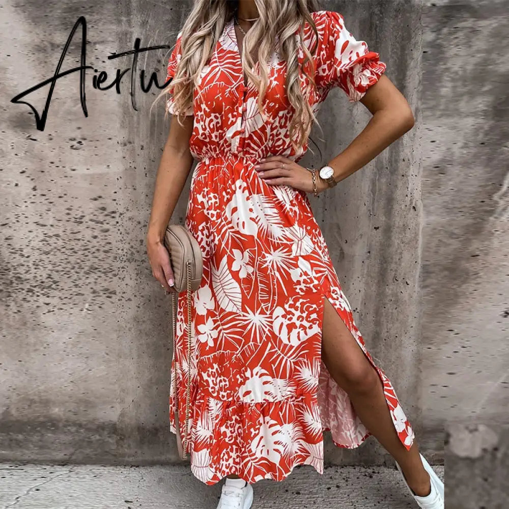 Summer Floral Print Dress Women V Neck Side Split Dress Long Robe Female Elegant Boho Short Sleeve Slim Party Dresses Vestidos Aiertu