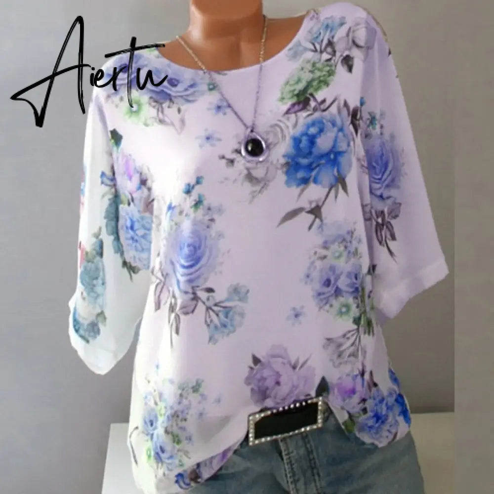 Summer Floral Print Women Blouse 5XL Plus Size Chiffon Blouses Half Sleeve Beach Shirt Office Work Shirts Blusas Feminina Tops Aiertu