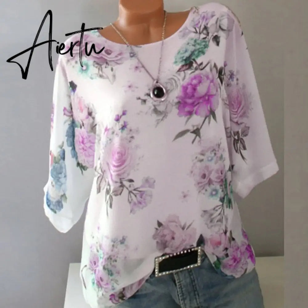 Summer Floral Print Women Blouse 5XL Plus Size Chiffon Blouses Half Sleeve Beach Shirt Office Work Shirts Blusas Feminina Tops Aiertu