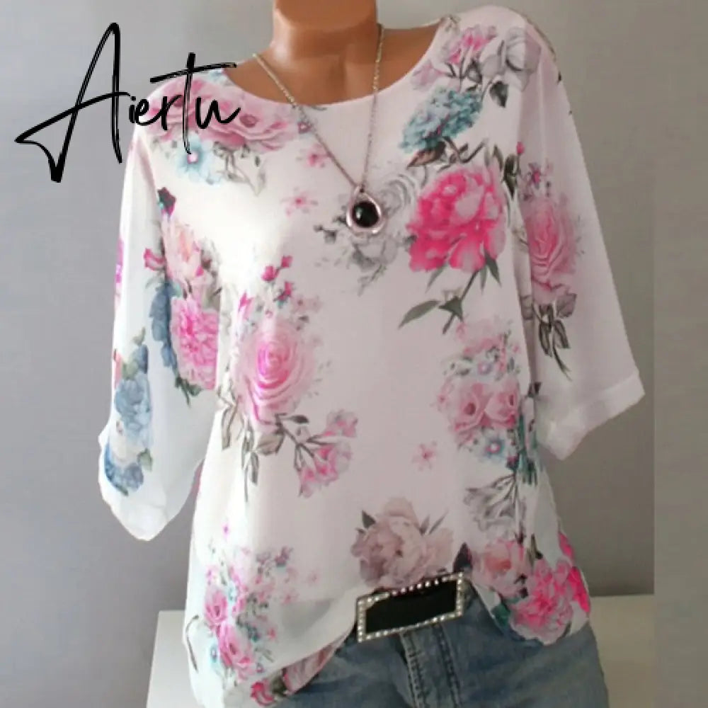 Summer Floral Print Women Blouse 5XL Plus Size Chiffon Blouses Half Sleeve Beach Shirt Office Work Shirts Blusas Feminina Tops Aiertu