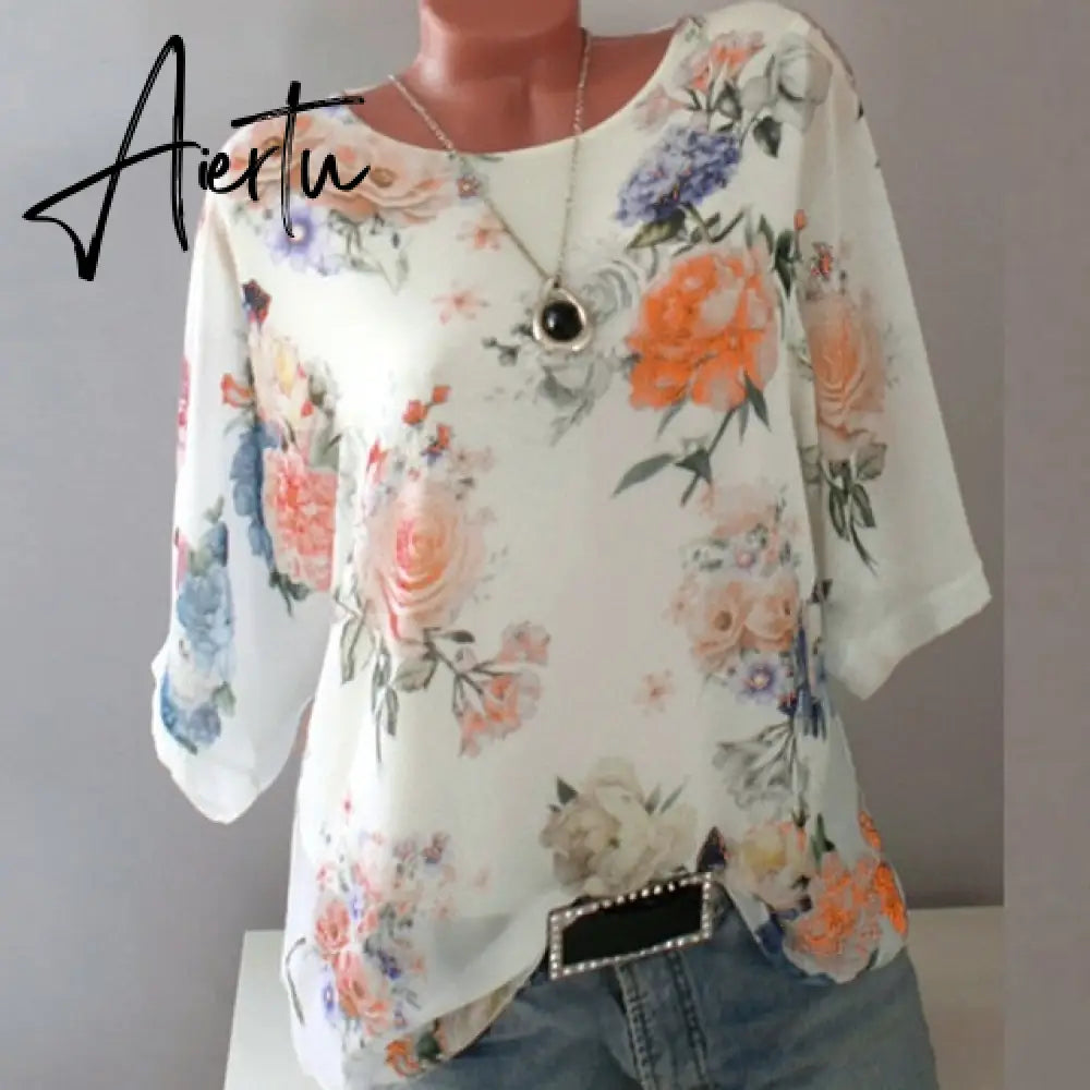 Summer Floral Print Women Blouse 5XL Plus Size Chiffon Blouses Half Sleeve Beach Shirt Office Work Shirts Blusas Feminina Tops Aiertu