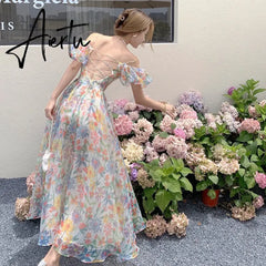 Summer French Vintage Floral  Beach Dress Puff Sleeve Sexy Backless Slip Dresses Elegant Temperament Korea Long Dress Aiertu