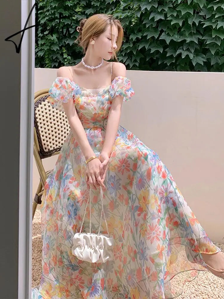 Summer French Vintage Floral  Beach Dress Puff Sleeve Sexy Backless Slip Dresses Elegant Temperament Korea Long Dress Aiertu