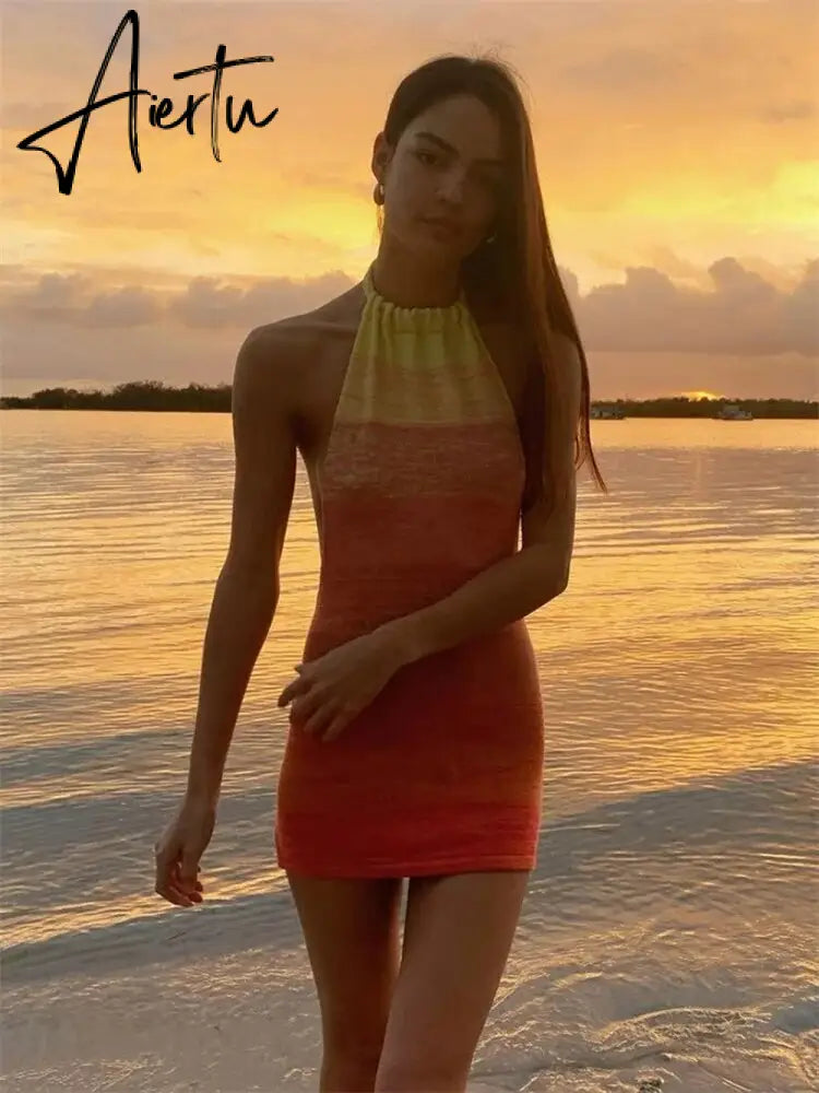 Summer Gradient Backless Knit Dress Women  New Mini Beach Party Halter Dress Holiday Slim Ladies Stretch Sweater Dress Aiertu