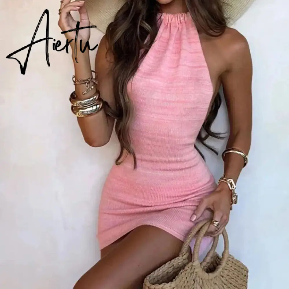 Summer Gradient Backless Knit Dress Women  New Mini Beach Party Halter Dress Holiday Slim Ladies Stretch Sweater Dress Aiertu
