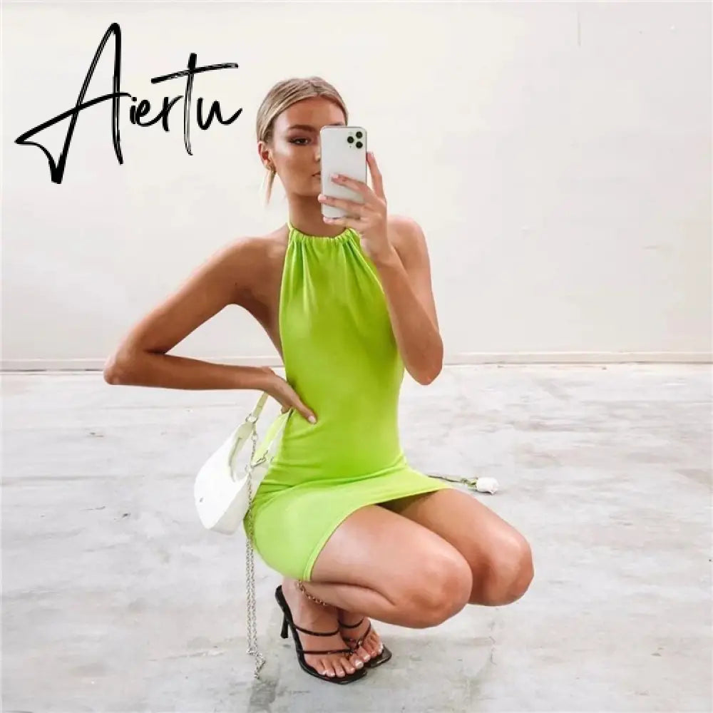 Summer Gradient Backless Knit Dress Women  New Mini Beach Party Halter Dress Holiday Slim Ladies Stretch Sweater Dress Aiertu