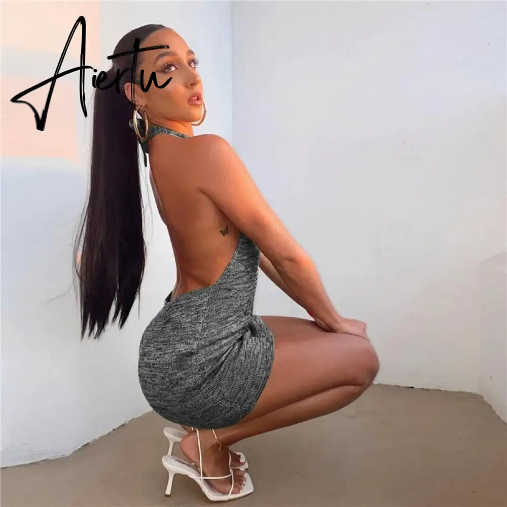 Summer Gradient Backless Knit Dress Women  New Mini Beach Party Halter Dress Holiday Slim Ladies Stretch Sweater Dress Aiertu