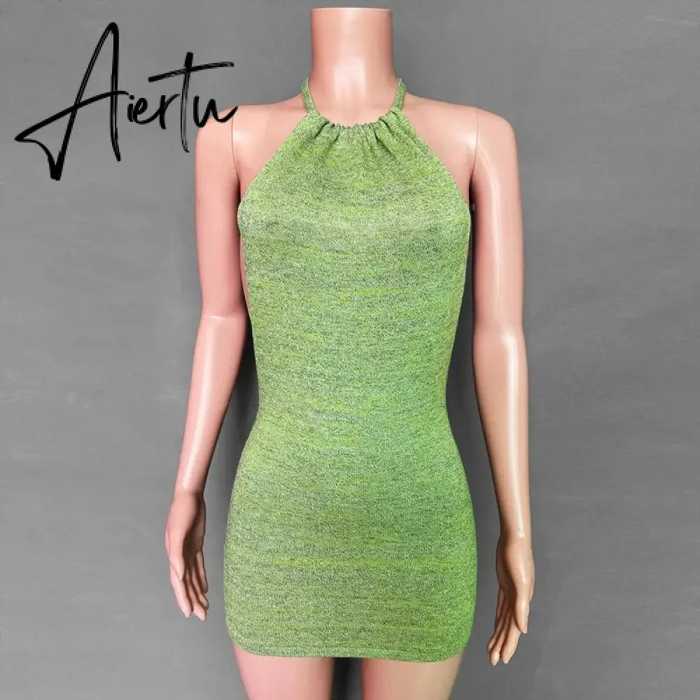Summer Gradient Backless Knit Dress Women  New Mini Beach Party Halter Dress Holiday Slim Ladies Stretch Sweater Dress Aiertu