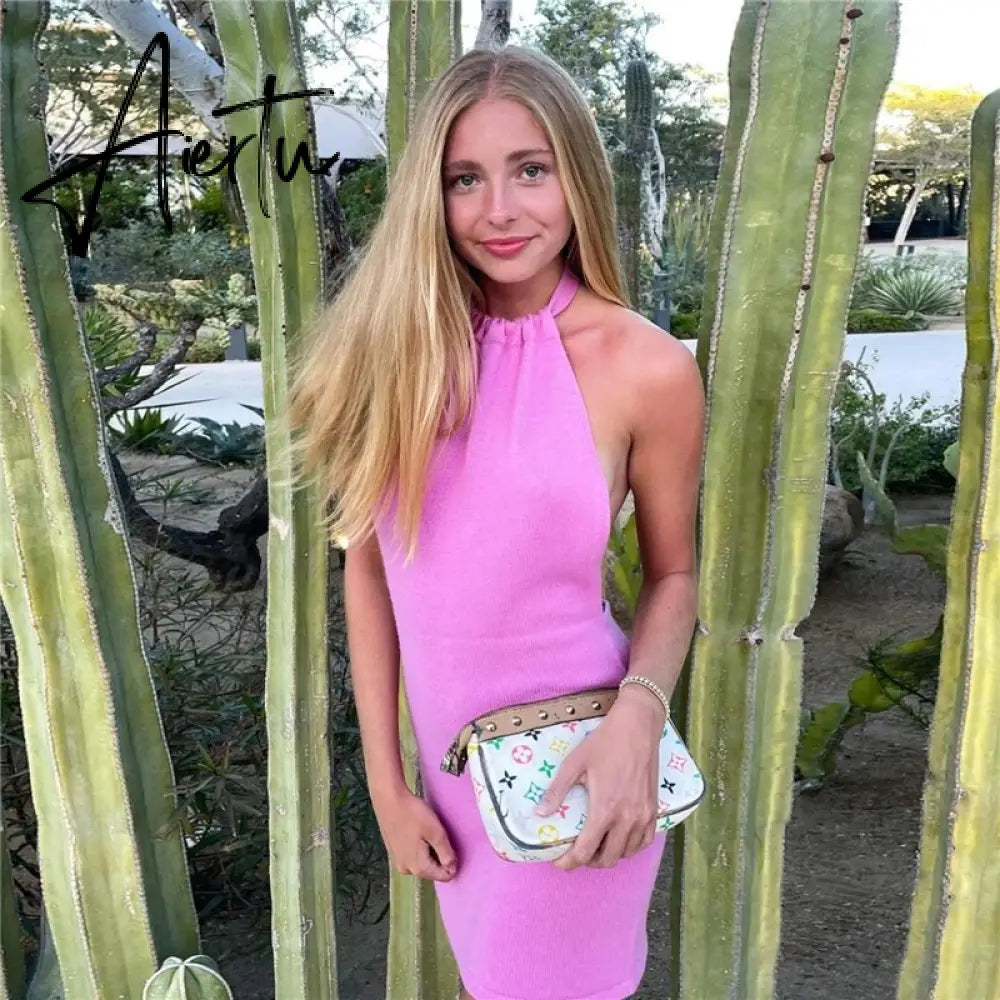 Summer Gradient Backless Knit Dress Women  New Mini Beach Party Halter Dress Holiday Slim Ladies Stretch Sweater Dress Aiertu