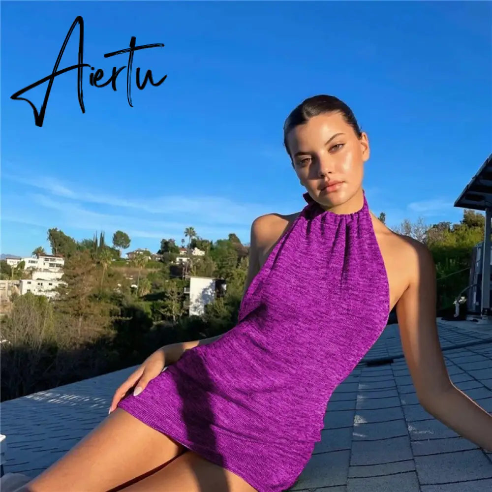 Summer Gradient Backless Knit Dress Women  New Mini Beach Party Halter Dress Holiday Slim Ladies Stretch Sweater Dress Aiertu