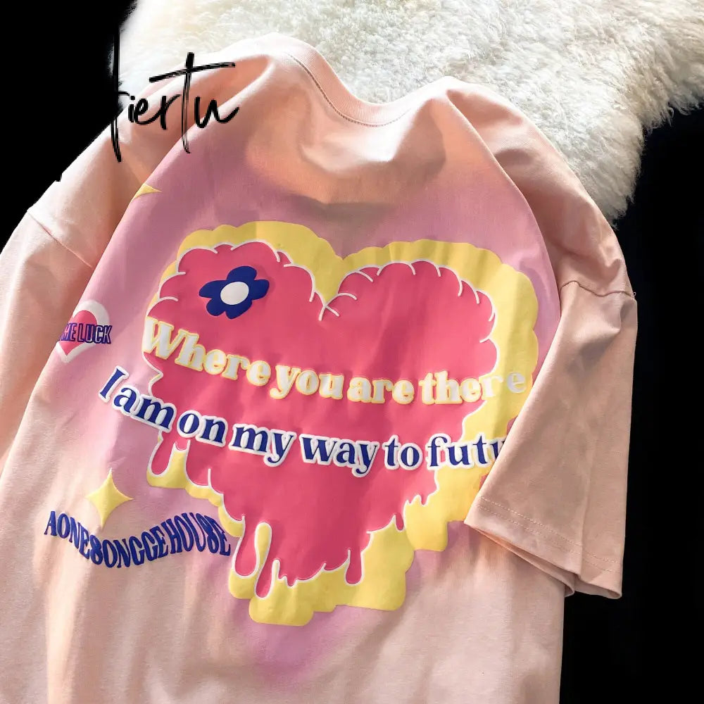 Summer Korean Lovers Hip Hop Letters Funny Print T Shirts Cartoon Kawaii Clothes Summer Large 2XL Mujer Harajuku Teens Tops Aiertu