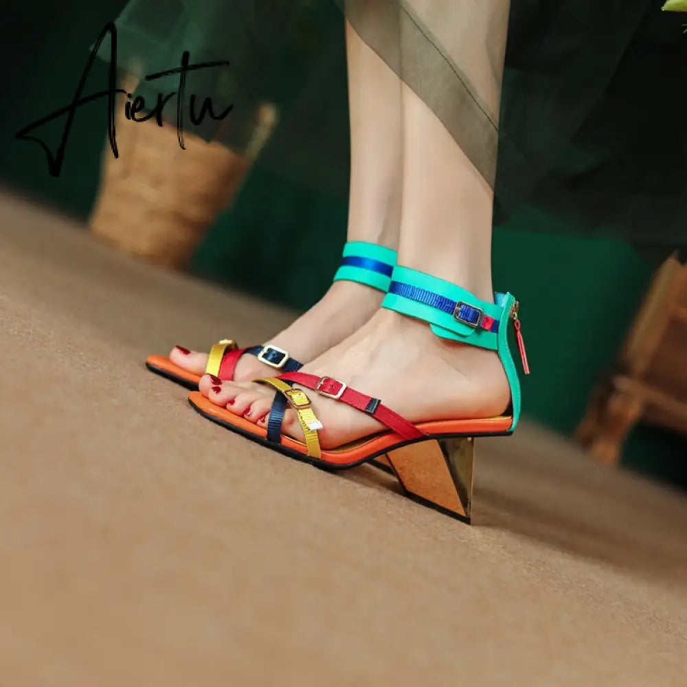 Summer New European America Fashion Style Metal Strange Heels Peep Toe Cut Out Back Strap Bling Women Gladiator Sandals Aiertu