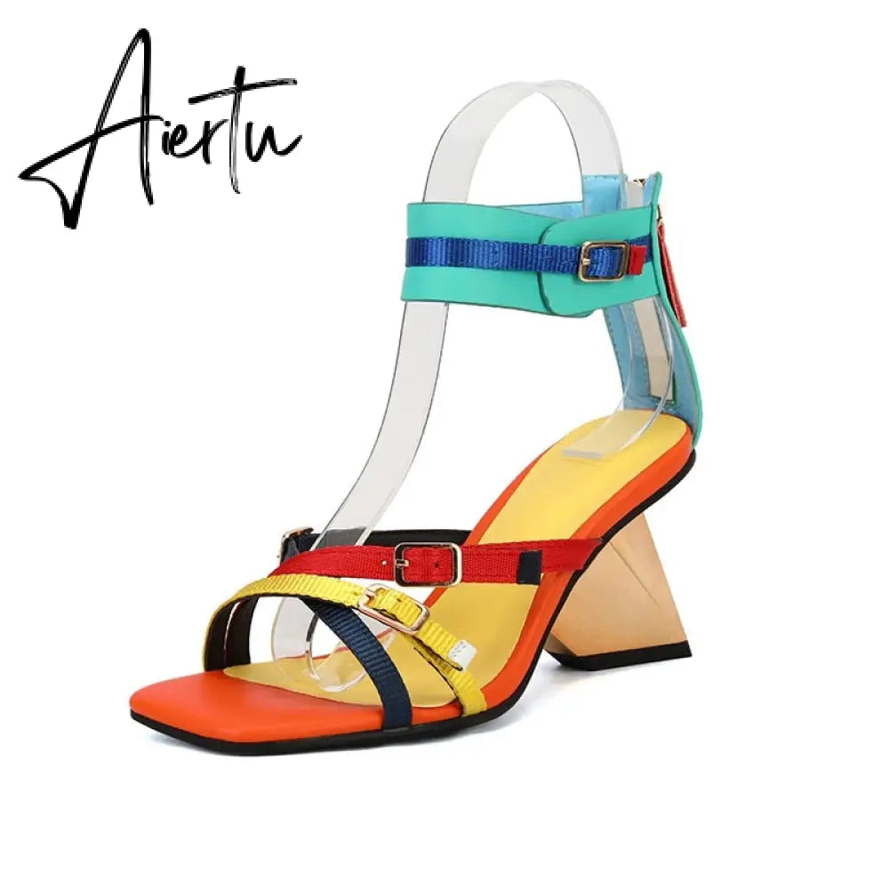 Summer New European America Fashion Style Metal Strange Heels Peep Toe Cut Out Back Strap Bling Women Gladiator Sandals Aiertu