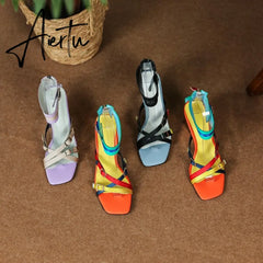 Summer New European America Fashion Style Metal Strange Heels Peep Toe Cut Out Back Strap Bling Women Gladiator Sandals Aiertu