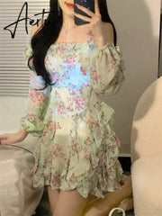 Summer New Off Shoulder Strap Dress Women Floral Short Dress Long Sleeve Bohemian A-line Beach Dress Robe Femme Clothing Aiertu