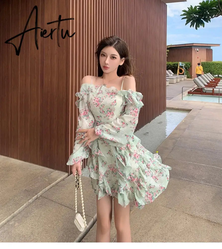 Summer New Off Shoulder Strap Dress Women Floral Short Dress Long Sleeve Bohemian A-line Beach Dress Robe Femme Clothing Aiertu
