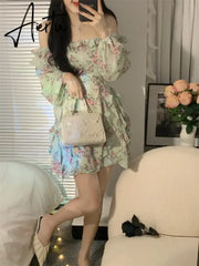 Summer New Off Shoulder Strap Dress Women Floral Short Dress Long Sleeve Bohemian A-line Beach Dress Robe Femme Clothing Aiertu