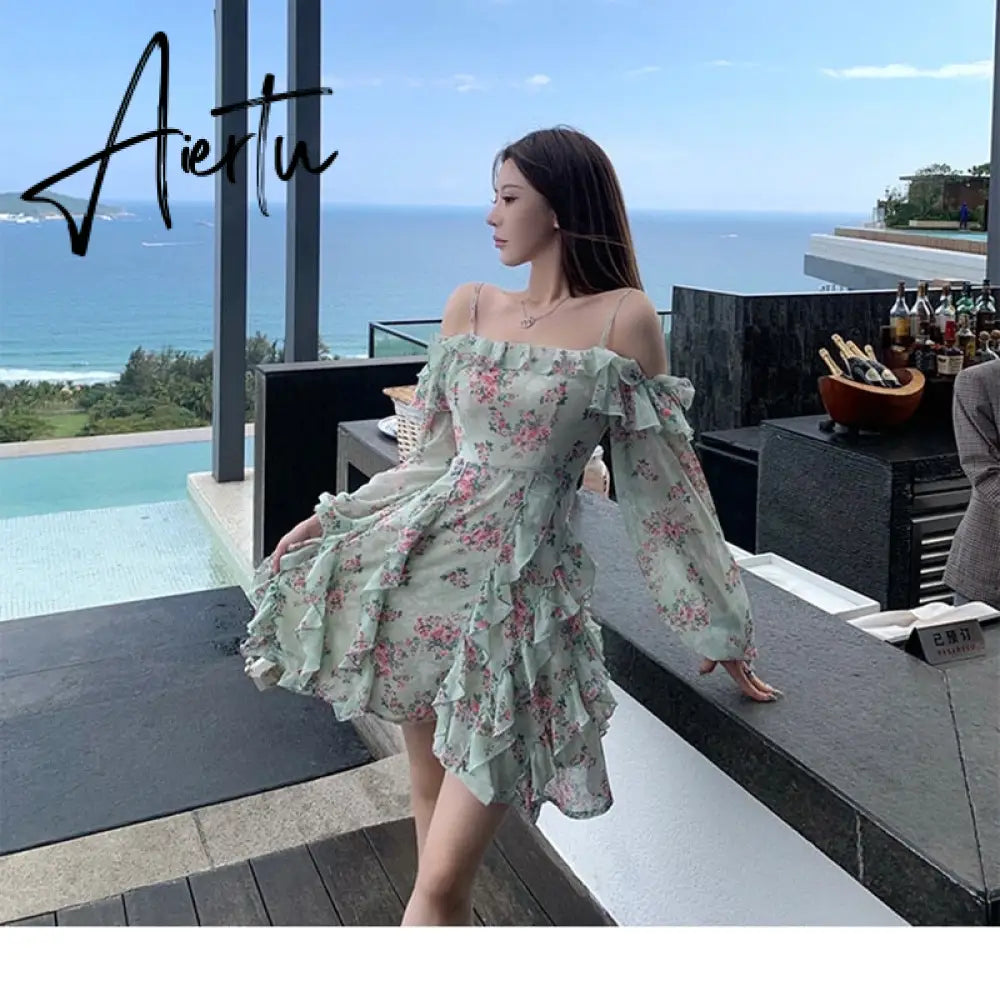 Summer New Off Shoulder Strap Dress Women Floral Short Dress Long Sleeve Bohemian A-line Beach Dress Robe Femme Clothing Aiertu