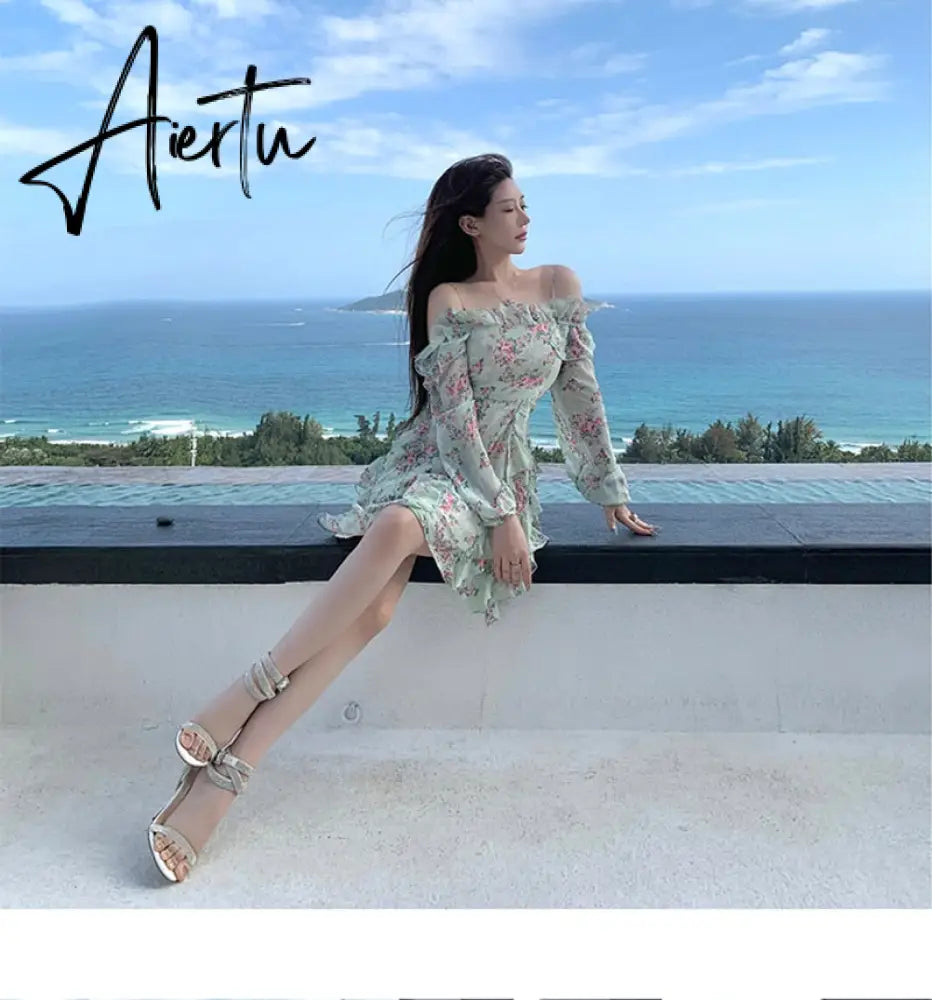 Summer New Off Shoulder Strap Dress Women Floral Short Dress Long Sleeve Bohemian A-line Beach Dress Robe Femme Clothing Aiertu