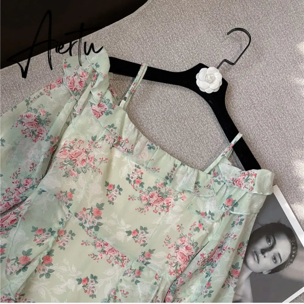 Summer New Off Shoulder Strap Dress Women Floral Short Dress Long Sleeve Bohemian A-line Beach Dress Robe Femme Clothing Aiertu