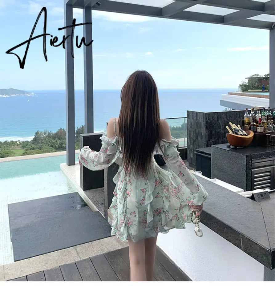 Summer New Off Shoulder Strap Dress Women Floral Short Dress Long Sleeve Bohemian A-line Beach Dress Robe Femme Clothing Aiertu