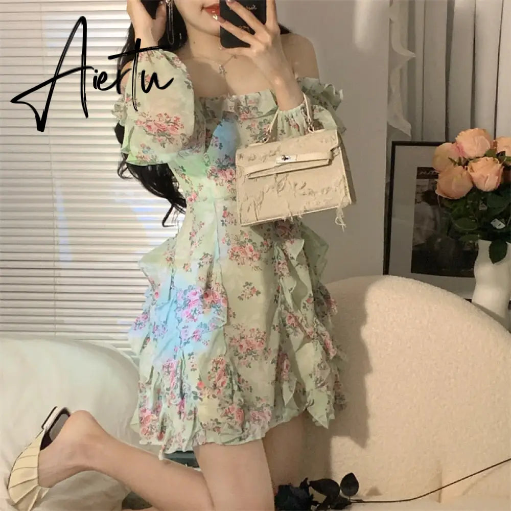 Summer New Off Shoulder Strap Dress Women Floral Short Dress Long Sleeve Bohemian A-line Beach Dress Robe Femme Clothing Aiertu