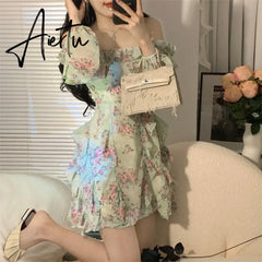 Summer New Off Shoulder Strap Dress Women Floral Short Dress Long Sleeve Bohemian A-line Beach Dress Robe Femme Clothing Aiertu