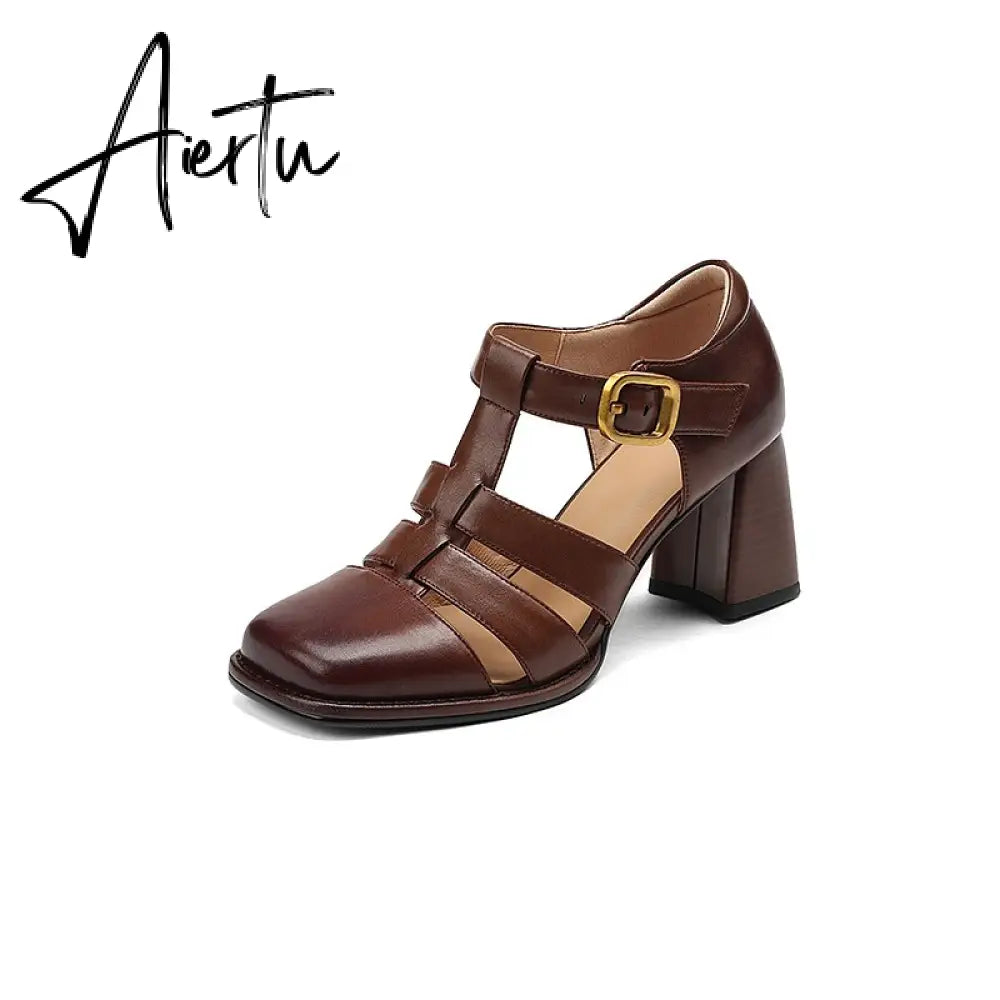 Summer New Shallow Rome Thick Med Heels Shoes Buckle Strap Genuine Leather Sandals Women Ladies Dress Shoes Women Sandals Aiertu
