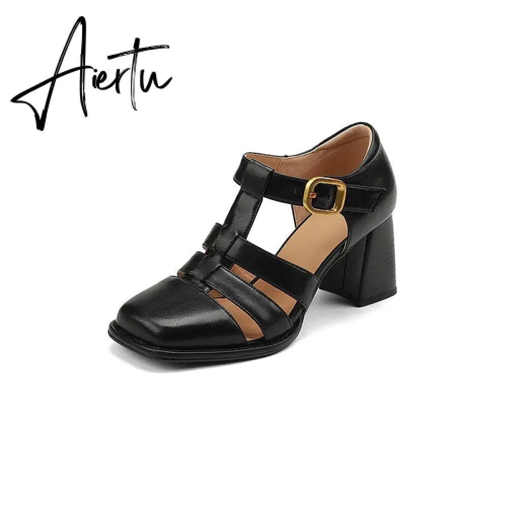 Summer New Shallow Rome Thick Med Heels Shoes Buckle Strap Genuine Leather Sandals Women Ladies Dress Shoes Women Sandals Aiertu