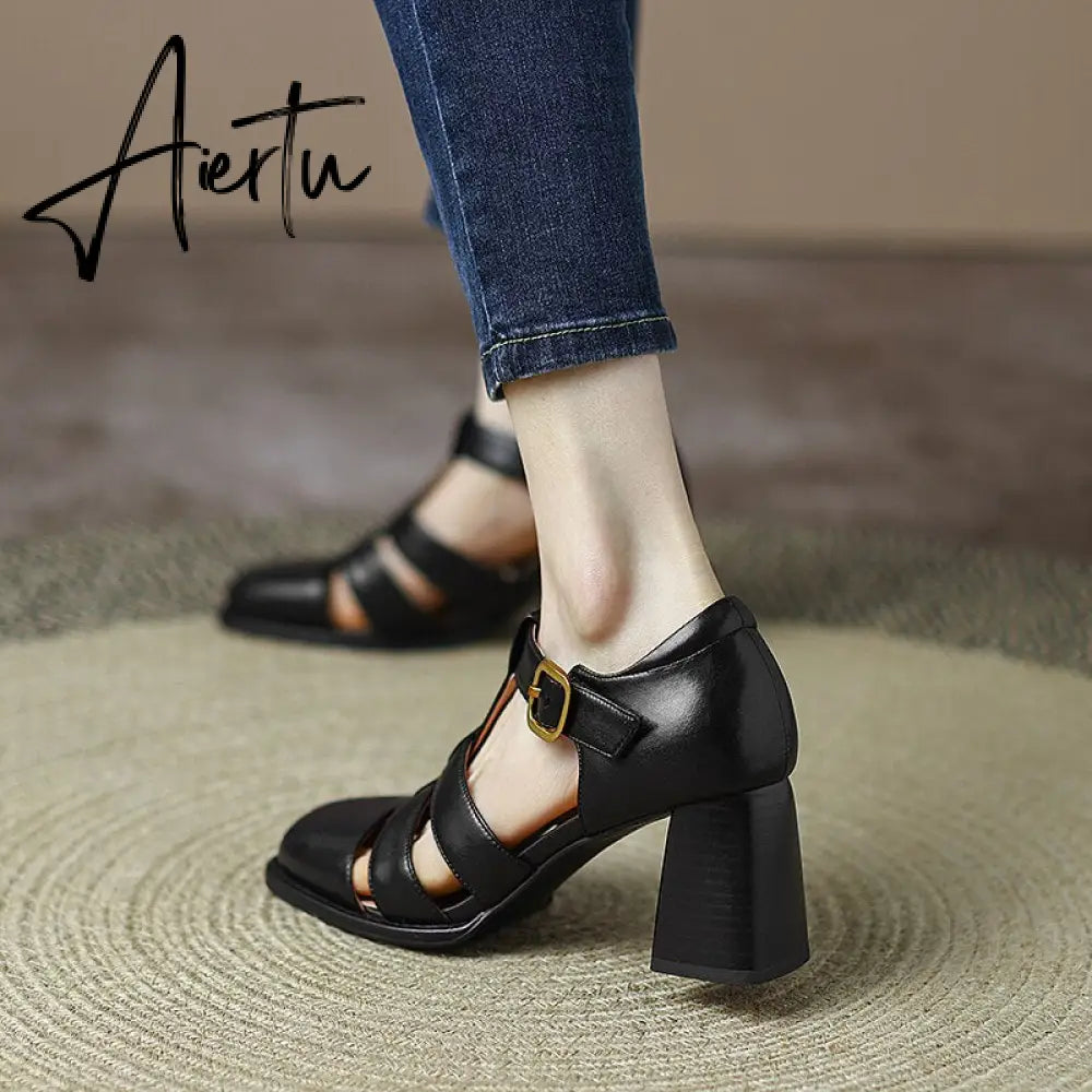 Summer New Shallow Rome Thick Med Heels Shoes Buckle Strap Genuine Leather Sandals Women Ladies Dress Shoes Women Sandals Aiertu